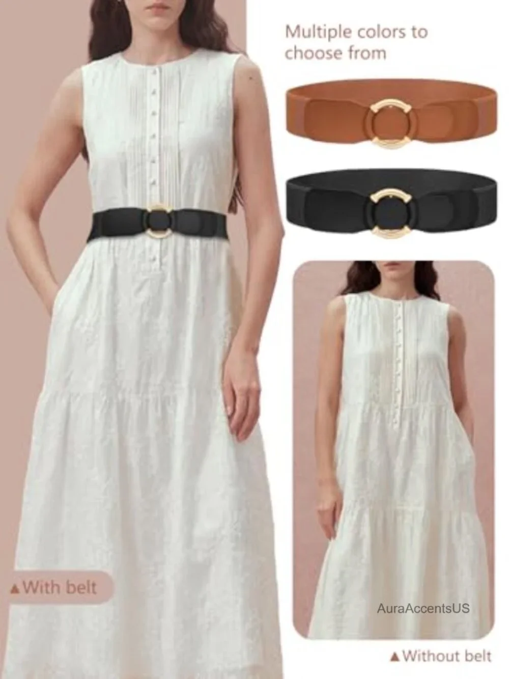Women Elastic Stretch Belt Faux Leather Retro Circle Buckle